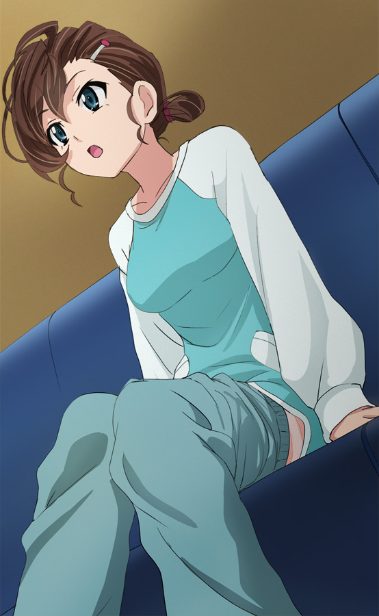 1girl blue_eyes breasts brown_hair gegege_no_kitarou hair_ornament hairclip haruyama_kazunori inuyama_mana long_sleeves medium_breasts open_mouth short_hair short_ponytail sitting solo