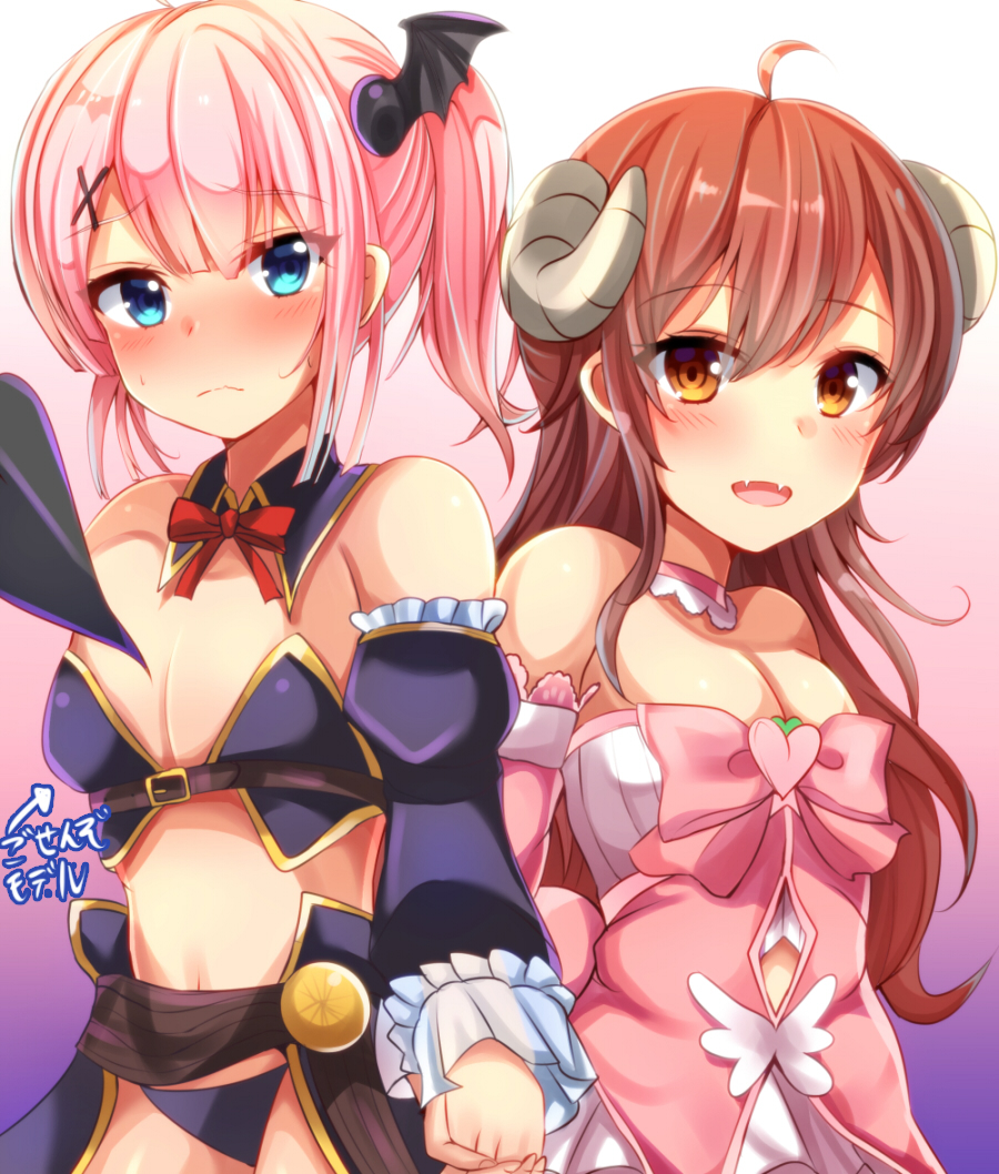 1girl 2girls ahoge blue_eyes blush brown_eyes brown_hair chiyoda_momo cosplay costume_switch demon_girl demon_horns demon_tail eyebrows_visible_through_hair hair_ornament horns long_hair machikado_mazoku magical_girl multiple_girls open_mouth pekesuke pink_hair revealing_clothes shiny shiny_hair tail translation_request yoshida_yuuko_(machikado_mazoku) yuri