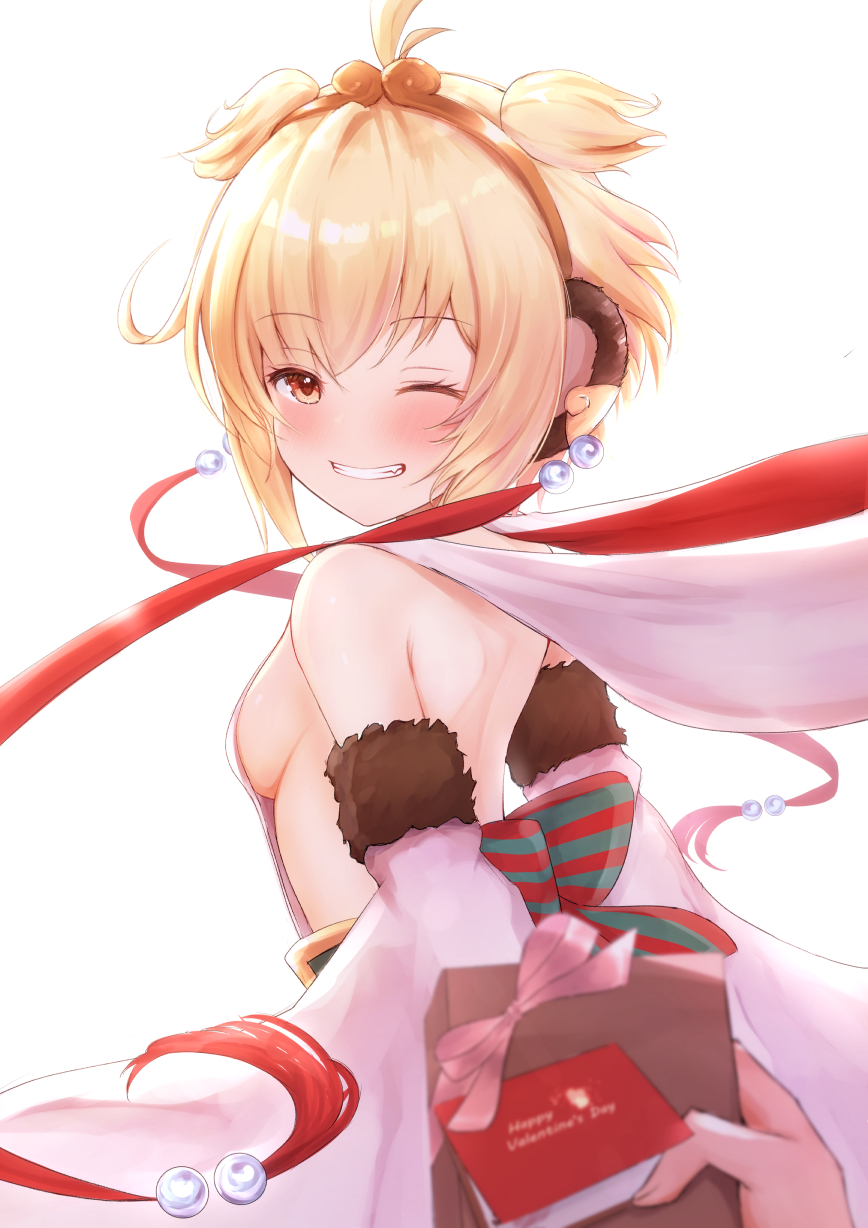 1girl andira_(granblue_fantasy) animal_ears arms_behind_back blonde_hair blush breasts clenched_teeth detached_sleeves eyebrows_visible_through_hair gift granblue_fantasy highres holding holding_gift kimblee looking_at_viewer looking_back medium_breasts monkey_ears one_eye_closed red_eyes short_hair sideboob simple_background smile solo_focus teeth twintails two_side_up valentine white_background