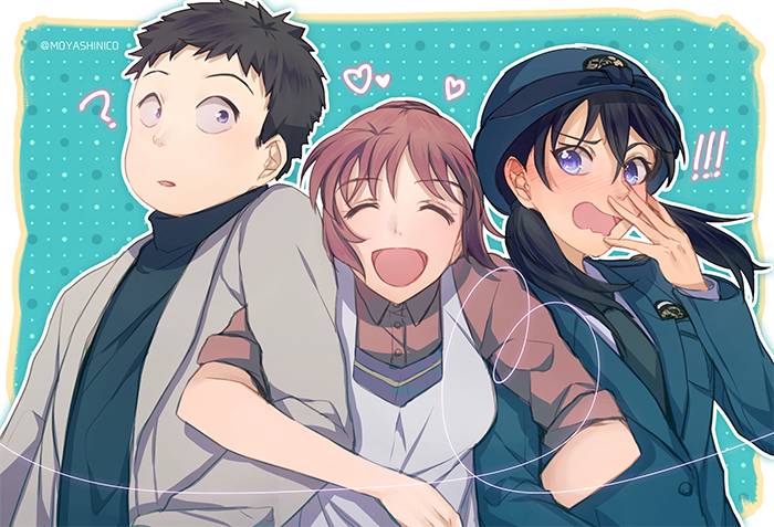 1boy 2girls :d ? black_hair black_neckwear black_sweater blue_headwear blue_jacket brown_hair character_request chiba_(detective_conan) closed_eyes collared_shirt dress_shirt facing_viewer floating_hair grey_jacket hat heart jacket long_hair long_sleeves meitantei_conan miike_naeko monicanc multiple_girls necktie open_mouth police police_hat police_uniform policewoman red_shirt shirt short_hair sleeves_rolled_up smile sweater turtleneck turtleneck_sweater twitter_username uniform wavy_mouth white_shirt wing_collar