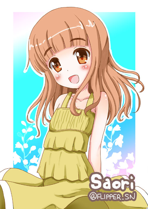 1girl :d arms_behind_back bangs blunt_bangs casual character_name commentary dress eyebrows_visible_through_hair flipper girls_und_panzer long_hair looking_at_viewer open_mouth orange_eyes orange_hair outline smile solo standing sundress takebe_saori twintails white_outline wind wind_lift yellow_dress younger