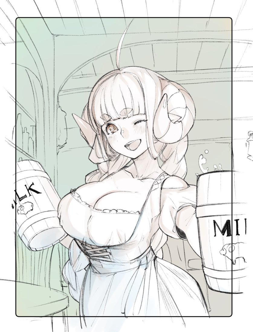 1girl ahoge anila_(granblue_fantasy) braid breasts cup dirndl draph german_clothes granblue_fantasy horns large_breasts long_hair masato_(mirai_koubou) milk mug one_eye_closed sketch thick_eyebrows