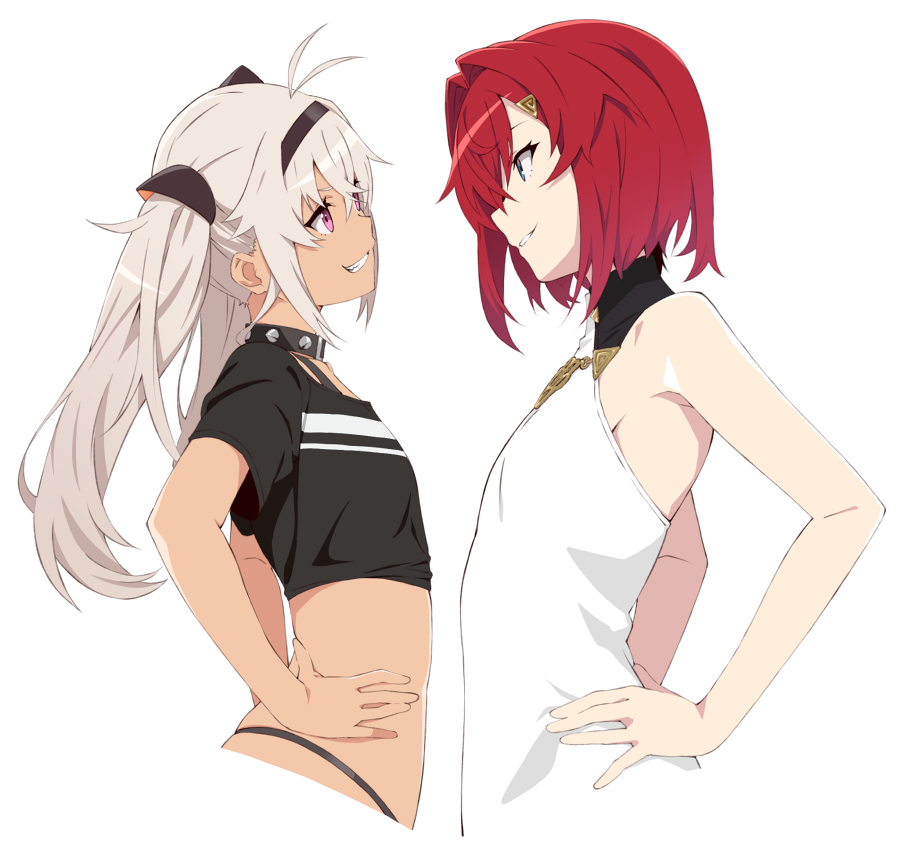 2girls akitetsu ange_katrina antenna_hair bare_shoulders black_collar blue_eyes collar commentary_request crop_top cropped_torso dark_skin eye_contact flat_chest grey_hair grin hair_between_eyes hair_intakes hair_ornament hairband hairclip hands_on_hips long_hair looking_at_another matsukai_mao multiple_girls nijisanji panty_straps profile redhead shirt short_hair skindentation sleeveless sleeveless_shirt smile spiked_collar spikes symbol_commentary t-shirt teeth transparent_background twintails upper_body violet_eyes virtual_youtuber