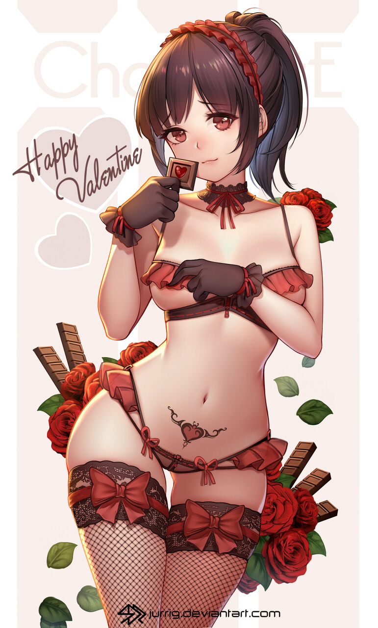 1girl bangs bare_shoulders black_gloves black_hair bow breasts chocolate collarbone commentary_request eyebrows_visible_through_hair fishnet_legwear fishnets flower gloves hair_ornament happy_valentine headdress highres jurrig lingerie long_hair looking_at_viewer medium_breasts navel original ponytail red_bow red_flower red_ribbon red_rose revision ribbon rose smile solo stomach_tattoo tattoo thigh-highs underwear watermark web_address