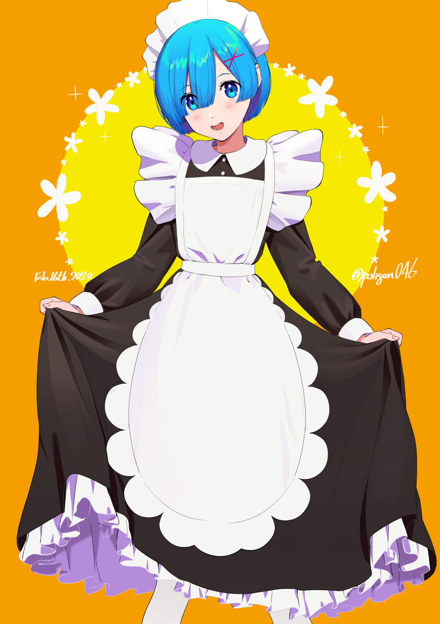 1girl alternate_costume apron artist_name bangs blue_eyes blue_hair blush breasts commentary_request dress eyebrows_visible_through_hair eyes_visible_through_hair flat_chest hair_ornament hair_over_one_eye highres long_dress looking_at_viewer maid maid_headdress open_mouth orange_background poligon_(046) re:zero_kara_hajimeru_isekai_seikatsu rem_(re:zero) ribbon short_hair simple_background smile solo white_apron x_hair_ornament