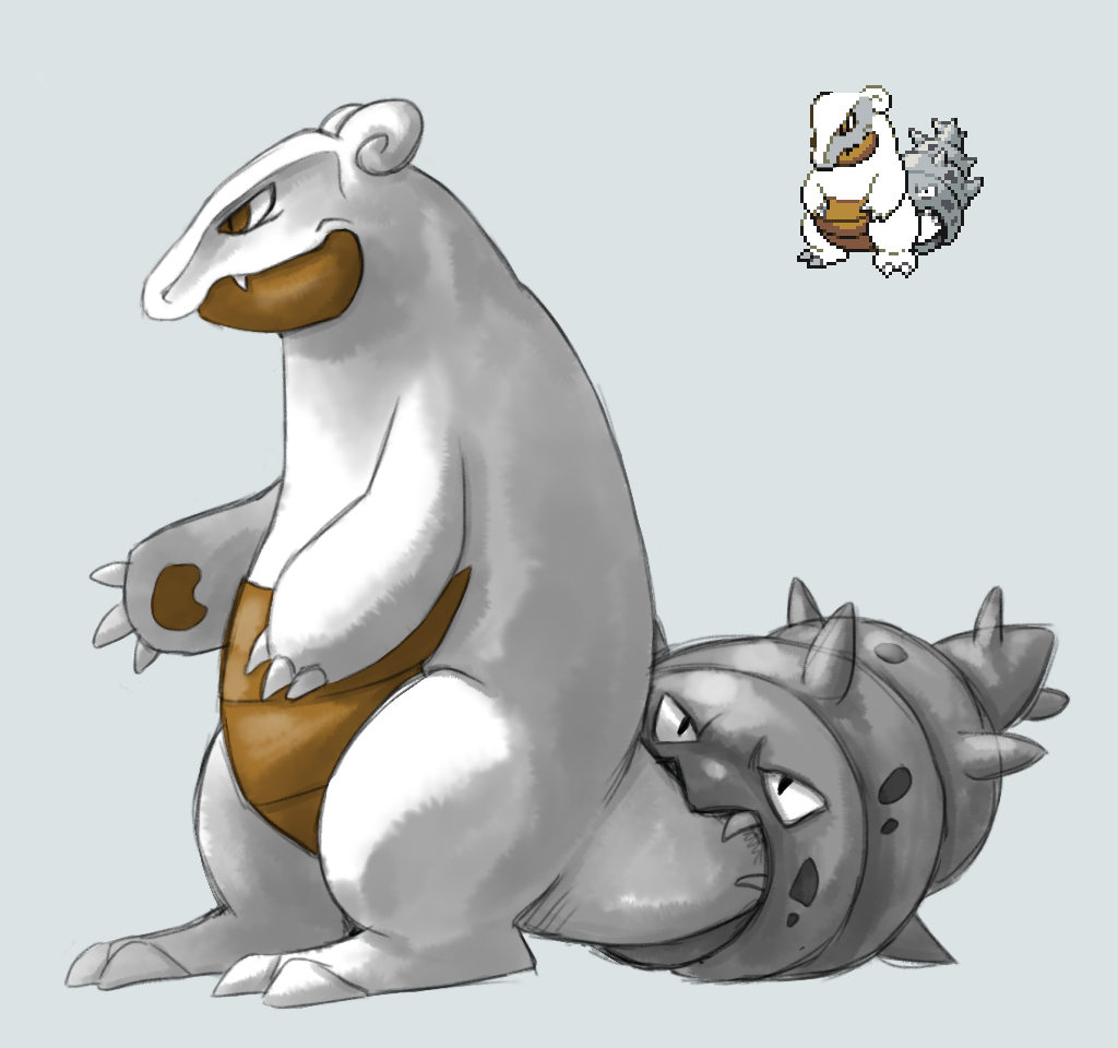 brown_eyes claws creature fangs full_body fusion gen_1_pokemon madcookiefighter marowak no_humans pixel_art pokemon pokemon_(creature) simple_background slowbro standing white_background