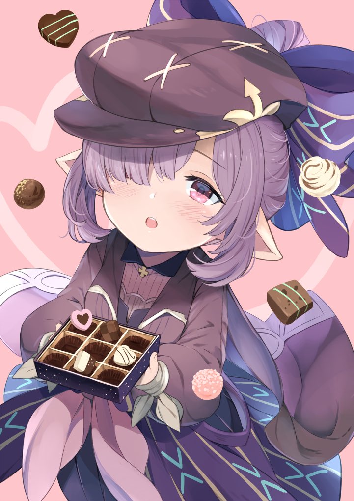 1girl bangs blush bow box_of_chocolates chocolate feff672166 granblue_fantasy hair_bow hair_over_one_eye harvin hat holding nio_(granblue_fantasy) open_mouth pointy_ears ponytail purple_hair red_eyes solo