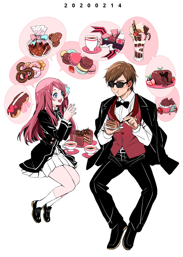 1boy 1girl belt black_footwear black_jacket black_neckwear black_pants blue_eyes bow bowtie brown_hair cake chewing collared_shirt commentary cup da_huang dated doughnut eating english_commentary food fork full_body jacket long_hair long_sleeves looking_at_another macaron minamoto_sakura miniskirt open_mouth pants pleated_skirt red_vest redhead shirt shoes short_hair simple_background sitting skirt smile socks speech_bubble sunglasses tatsumi_koutarou teacup vest white_background zombie_land_saga