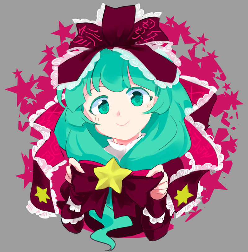 1girl arm_ribbon bangs blush bow chamaruku dress frilled_ribbon frills front_ponytail green_eyes green_hair hair_bow hair_ornament hair_ribbon hands_up kagiyama_hina looking_at_viewer red_bow red_dress ribbon smile solo star star_hair_ornament touhou upper_body