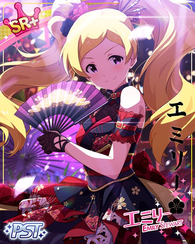 blonde_hair blush character_name dress emily_stuart fan idolmaster_million_live!_theater_days long_hair smile twintails violet_eyes