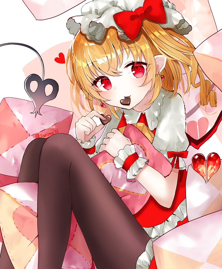 1girl bangs black_legwear blonde_hair blush candy chocolate chocolate_heart commentary earrings eyebrows_visible_through_hair flandre_scarlet food food_in_mouth hat head_tilt heart holding holding_pillow jewelry laevatein looking_at_viewer mob_cap one_side_up pantyhose pillow pointy_ears puffy_short_sleeves puffy_sleeves red_eyes red_skirt red_vest sakipsakip shirt short_hair short_sleeves simple_background sitting skirt smile solo touhou twitter_username valentine vest white_background white_legwear white_shirt wrist_cuffs