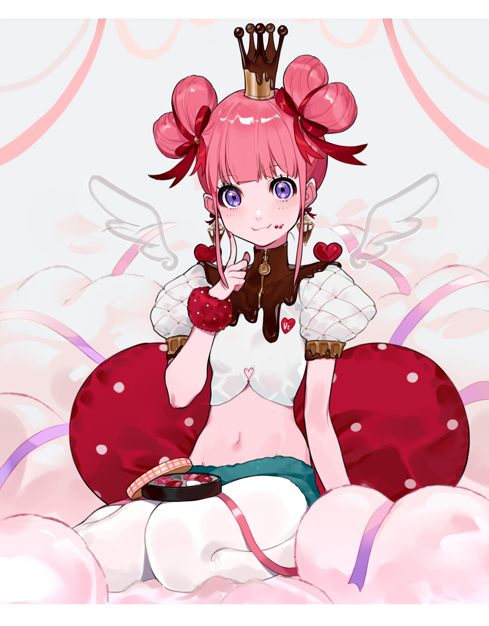 1girl box_of_chocolates breasts commentary_request crown eating fingers_to_cheek food food_on_face food_themed_clothes hair_up highres index_finger_raised midriff navel original pillow pink_hair pink_ribbon puffy_short_sleeves puffy_sleeves purple_ribbon ribbon short_hair short_sleeves sidelocks simple_background sitting small_breasts smile valentine violet_eyes wariza white_legwear wristband yuu_(higashi_no_penguin)