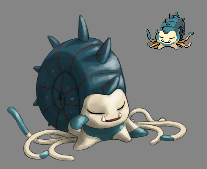 closed_eyes commentary creature english_commentary fangs full_body fusion gen_1_pokemon grey_background madcookiefighter no_humans omastar pixel_art pokemon pokemon_(creature) shell simple_background snorlax solo spikes tentacles