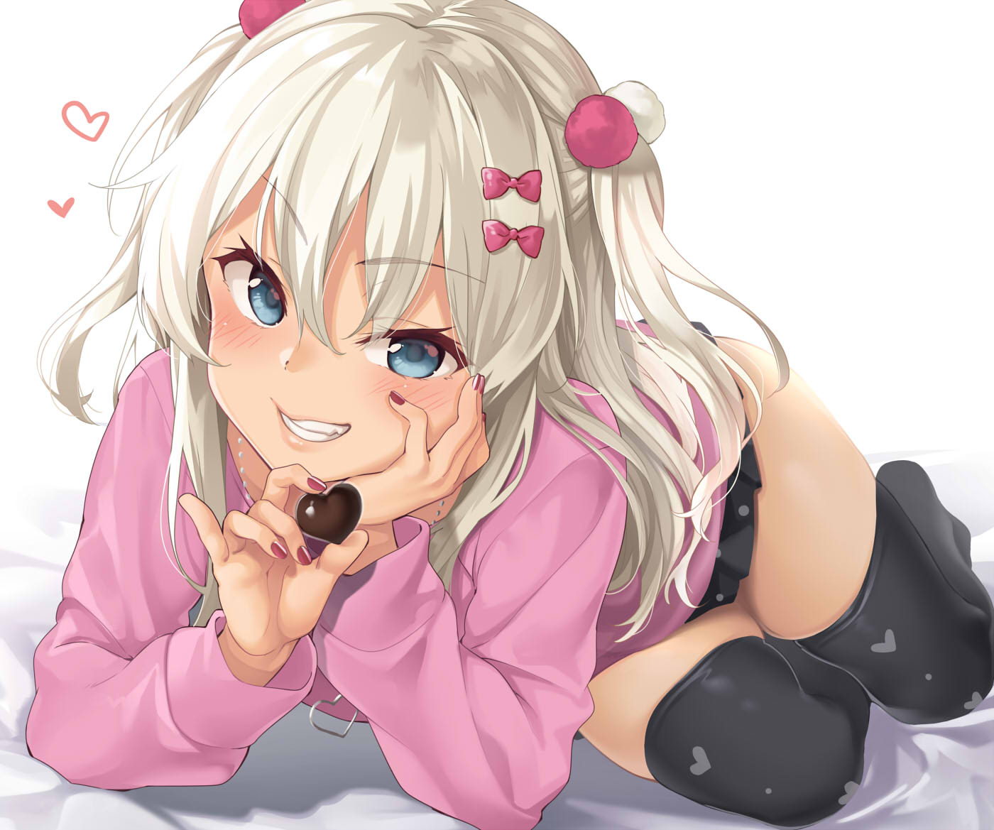 1girl arm_support black_legwear black_skirt blonde_hair blue_eyes blush bow candy chocolate chocolate_heart clothes_writing collarbone commentary_request ebifurya eyebrows_visible_through_hair food grecale_(kantai_collection) green_eyes grin hair_bobbles hair_bow hair_ornament hand_on_own_face heart heart_print jewelry kantai_collection long_hair long_sleeves lying nail_polish necklace pink_bow pink_shirt shirt simple_background skindentation skirt smile solo thigh-highs thighs twintails two_side_up valentine white_background