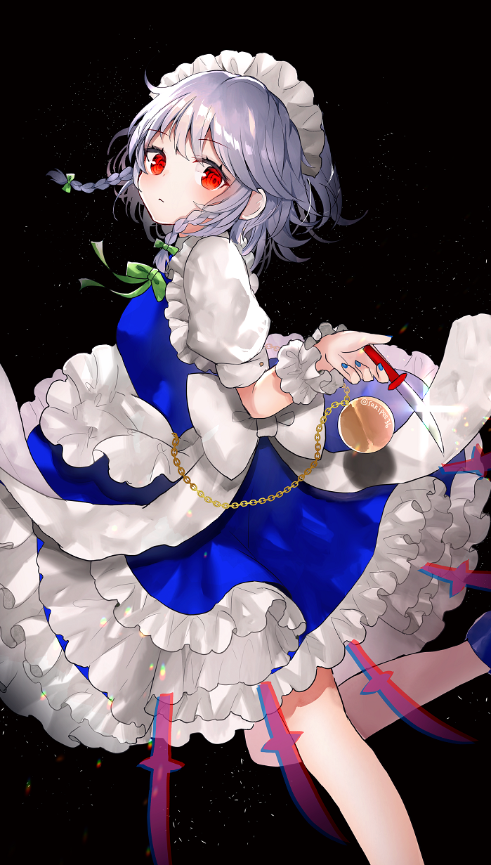 1girl :&lt; apron arm_up bangs black_background blue_skirt blue_vest blush braid chain chromatic_aberration commentary eyebrows_visible_through_hair feet_out_of_frame folded_leg from_side glint hair_ribbon highres holding holding_knife izayoi_sakuya knife leg_lift light_particles looking_at_viewer maid_headdress petticoat pocket_watch puffy_short_sleeves puffy_sleeves red_eyes ribbon sakipsakip shirt short_hair short_sleeves silver_hair simple_background skirt solo touhou tress_ribbon twin_braids twitter_username vest waist_apron watch white_shirt