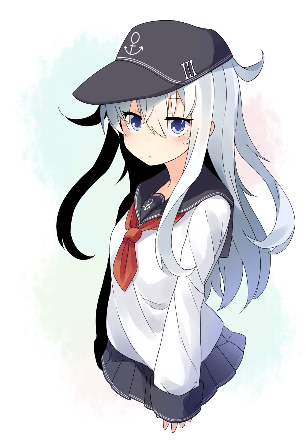 1girl black_headwear black_sailor_collar black_skirt blue_eyes blue_hair closed_mouth hair_between_eyes hibiki_(kantai_collection) highres jitome kantai_collection long_hair long_sleeves looking_at_viewer matsunoki_(unknown_751) necktie pleated_skirt red_neckwear sailor_collar shirt skirt sleeves_past_wrists solo upper_body white_shirt