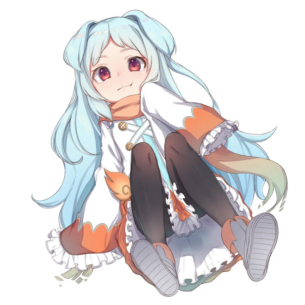 1girl black_legwear blue_hair bongnom boots grey_footwear hair_flaps hand_on_own_face izumo_miyako knees_up long_hair lying on_back orange_scarf orange_skirt pantyhose pout princess_connect! princess_connect!_re:dive red_eyes scarf shirt simple_background skirt sleeves_past_wrists soles solo white_background white_shirt