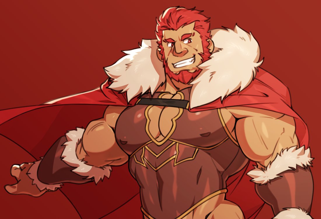 armor bara beard biceps breastplate cape censored cheschirebacon chest facial_hair fate/grand_order fate_(series) fur_collar leather looking_to_the_side male_focus muscle nipples pectorals red_eyes redhead rider_(fate/zero) simple_background smile teeth upper_body veins
