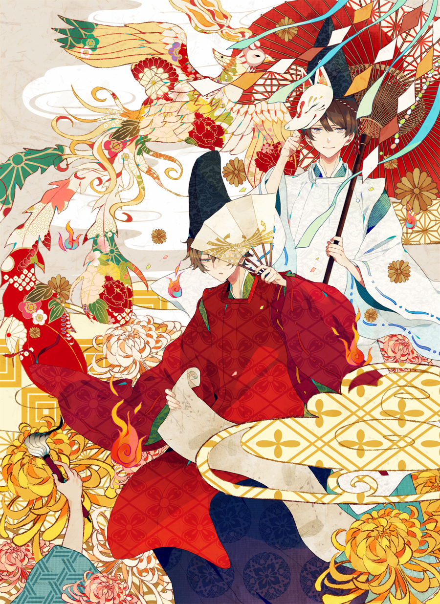 2boys bird black_headwear brown_hair calligraphy_brush closed_mouth flower flower_request fox_mask haori hat highres holding holding_umbrella japanese_clothes long_sleeves looking_at_viewer male_focus mask mask_on_head multiple_boys orange_flower oriental_umbrella original paintbrush phoenix red_umbrella satsuki_(miicat) smile umbrella wide_sleeves