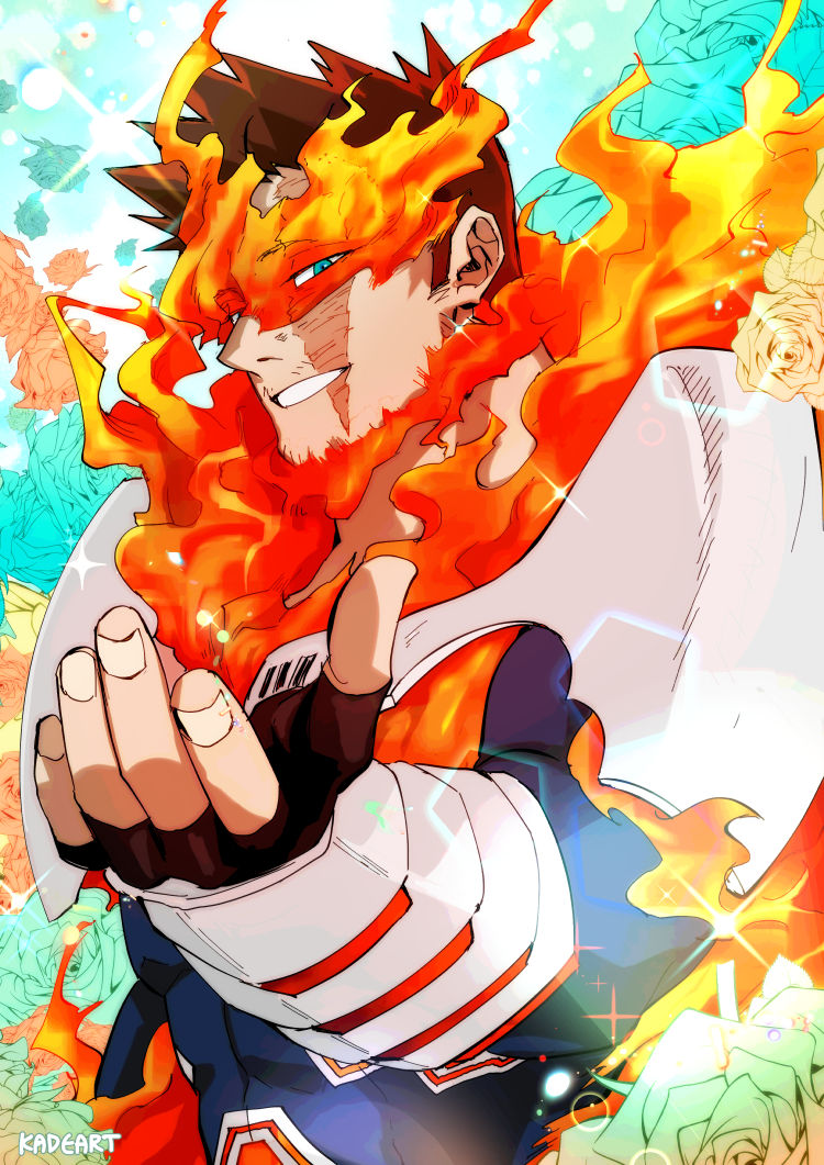 1boy armor beard boku_no_hero_academia facial_hair fire gloves green_eyes kadeart looking_at_viewer male_focus muscle mustache redhead scar simple_background smile solo spiky_hair teeth todoroki_enji