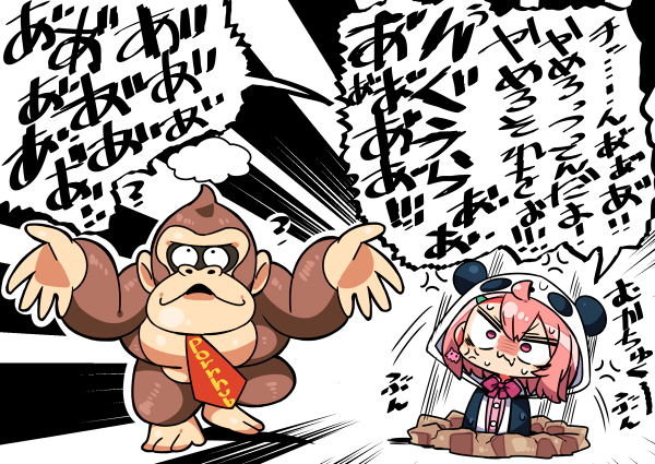 1girl ahoge anger_vein animal_ears black_jacket bow clothes_writing commentary_request constricted_pupils crossover donkey_kong donkey_kong_(series) hair_ornament hairclip hood hood_up hooded_jacket jacket kanikama necktie nijisanji panda_ears panda_hood pink_hair pink_shirt purple_bow red_neckwear sasaki_saku shirt shrugging standing sweat translation_request violet_eyes virtual_youtuber what