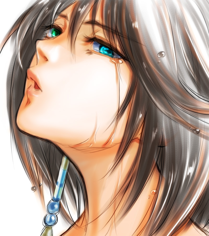 1girl abiko_yuuji blue_eyes brown_hair final_fantasy final_fantasy_x green_eyes heterochromia lips looking_at_viewer open_mouth short_hair simple_background solo white_background yuna_(ff10)