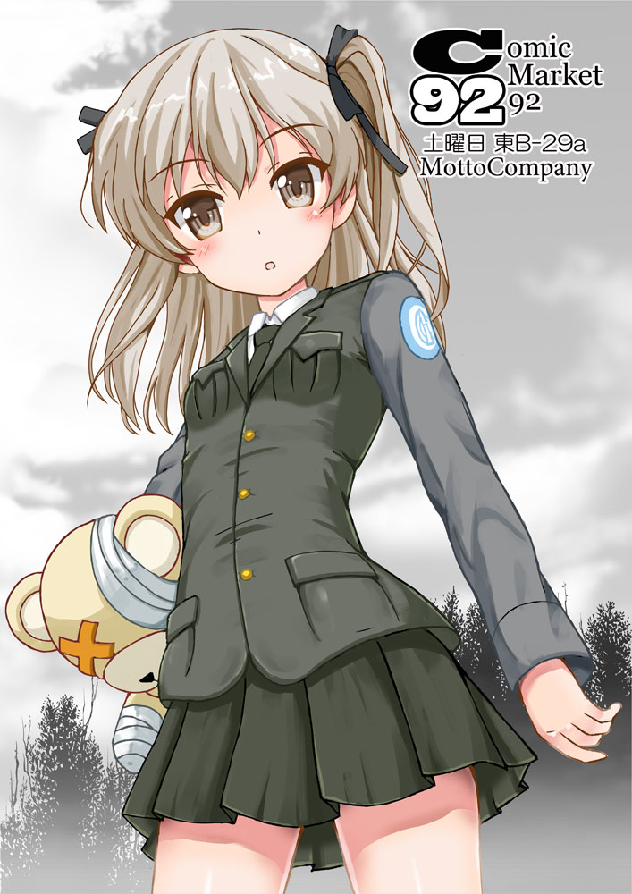 1girl bandages bangs black_jacket black_neckwear black_ribbon black_skirt boko_(girls_und_panzer) casual clouds cloudy_sky commentary_request dress_shirt emblem eyebrows_visible_through_hair flipper girls_und_panzer grey_sky hair_ribbon holding holding_stuffed_animal jacket light_brown_eyes light_brown_hair long_hair long_sleeves looking_at_viewer military military_uniform miniskirt necktie one_side_up outdoors parted_lips pleated_skirt poster ribbon selection_university_(emblem) selection_university_military_uniform shimada_arisu shirt skirt sky solo standing stuffed_animal stuffed_toy teddy_bear tree uniform white_shirt