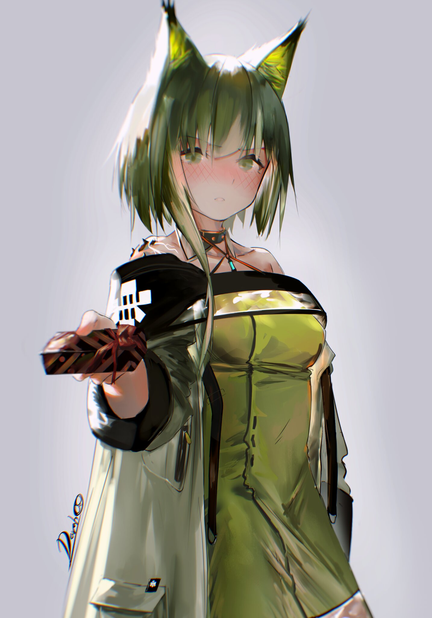 1girl animal_ears arknights black_mask blush box cat_ears chocolate gift gift_box green_hair highres jewelry kal'tsit labcoat necklace ore_lesion_(arknights) short_hair signature solo valentine