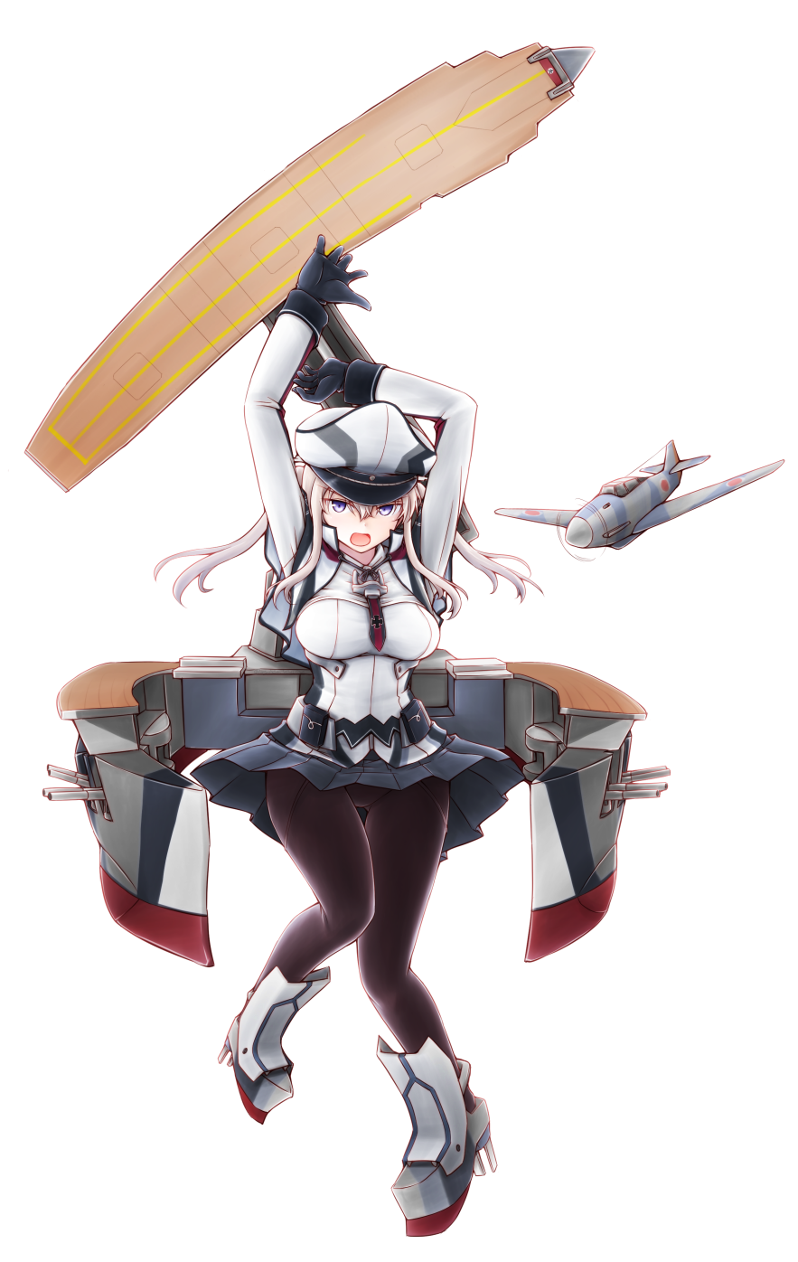 1girl aircraft bangs black_gloves black_legwear black_skirt blonde_hair breasts capelet commentary_request flight_deck full_body gloves graf_zeppelin_(kantai_collection) hair_between_eyes hat highres iron_cross kantai_collection large_breasts long_hair long_sleeves meihemu military military_uniform necktie open_mouth pantyhose peaked_cap pleated_skirt rigging simple_background skirt solo twintails uniform violet_eyes white_background white_headwear