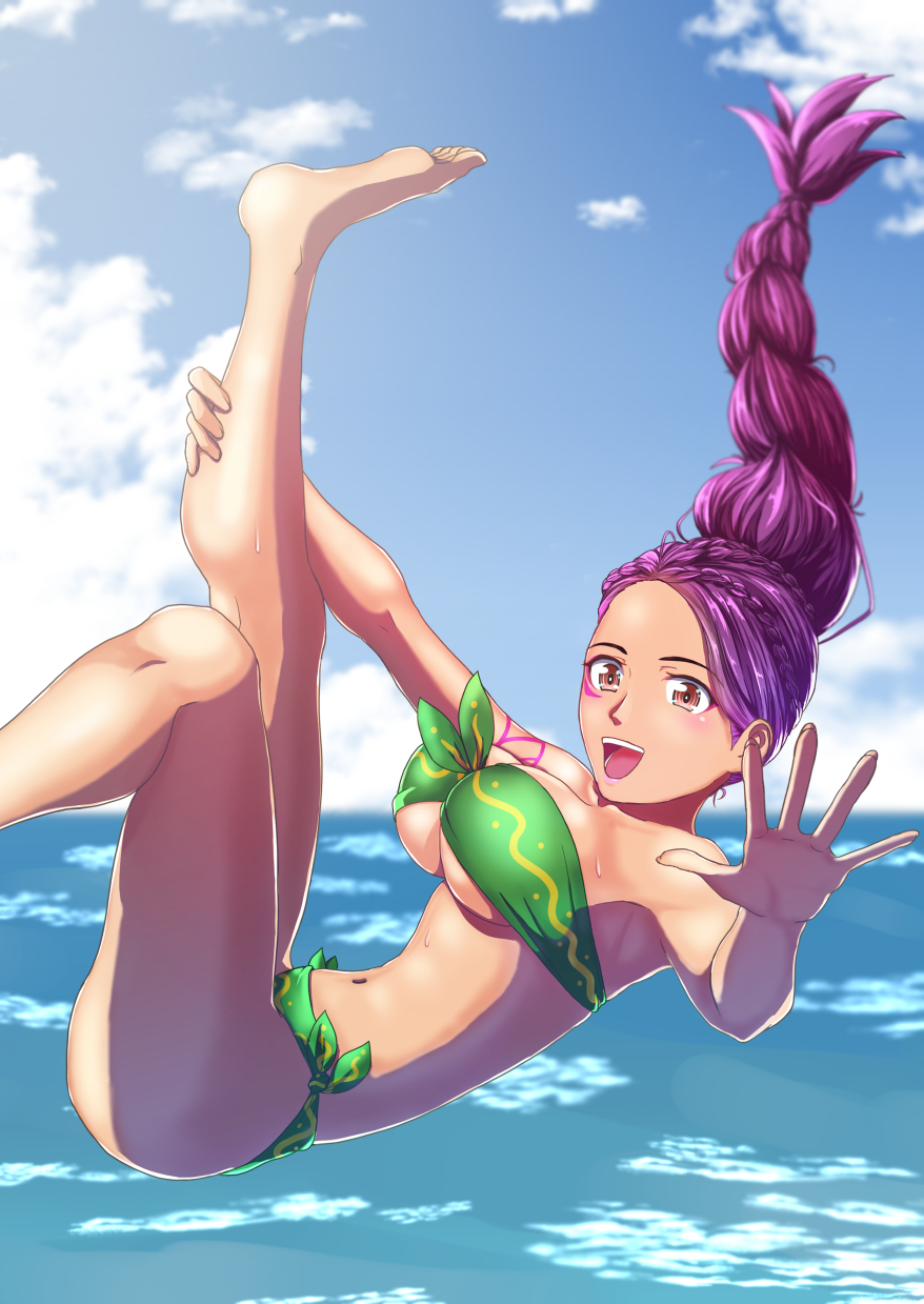 1girl barefoot bikini blush clouds cute diving falling fire_emblem fire_emblem:_three_houses fire_emblem:_three_houses fire_emblem_16 floating_hair green_bikini gzo1206 intelligent_systems leg_up looking_at_viewer navel nintendo ocean open_mouth parted_lips petra_macneary pink_eyes ponytail purple_hair sky smile solo sukkirito_(rangusan) summer swimsuit wet