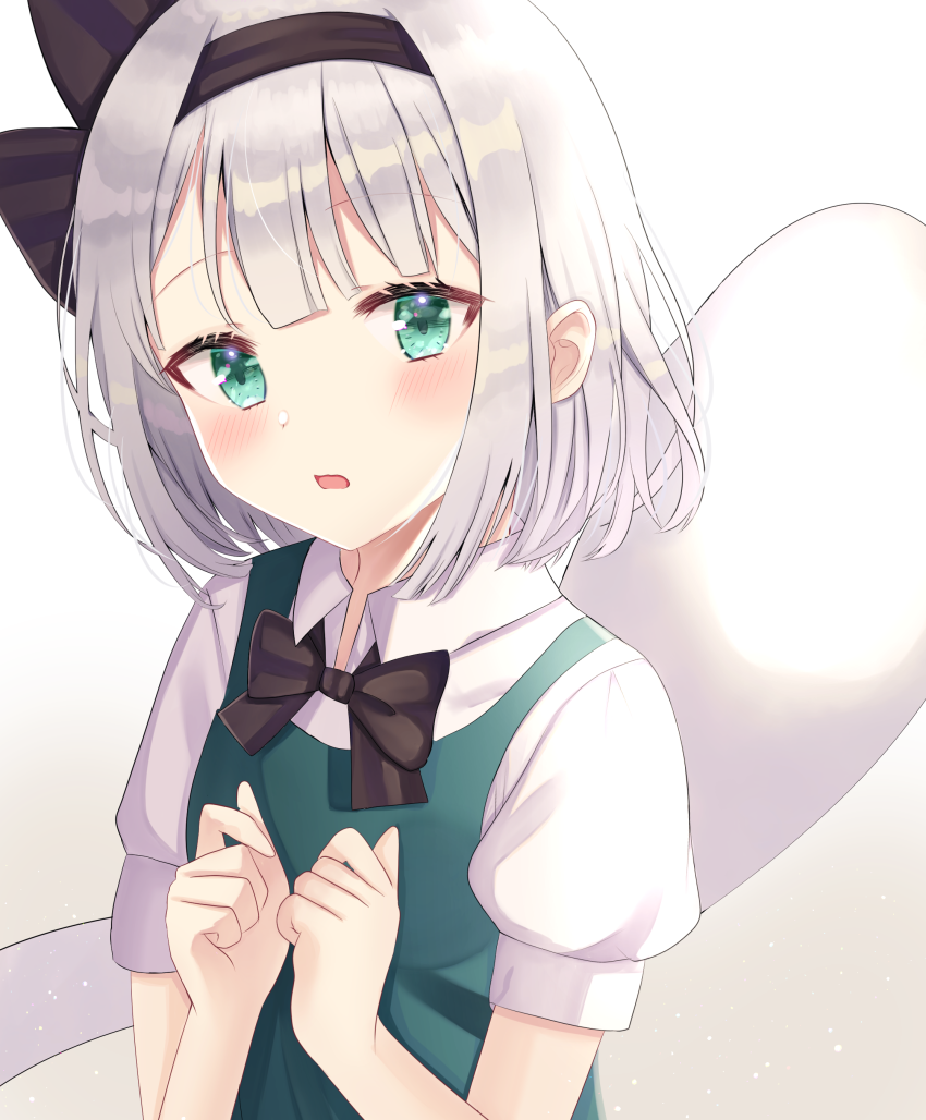 1girl bangs black_neckwear blush bow bowtie commentary_request green_eyes green_vest hair_ribbon head_tilt konpaku_youmu konpaku_youmu_(ghost) looking_at_viewer nibosisuzu parted_lips partial_commentary ribbon shiny shiny_hair shirt short_hair short_sleeves silver_hair simple_background sleeve_cuffs solo standing touhou upper_body vest white_background white_shirt