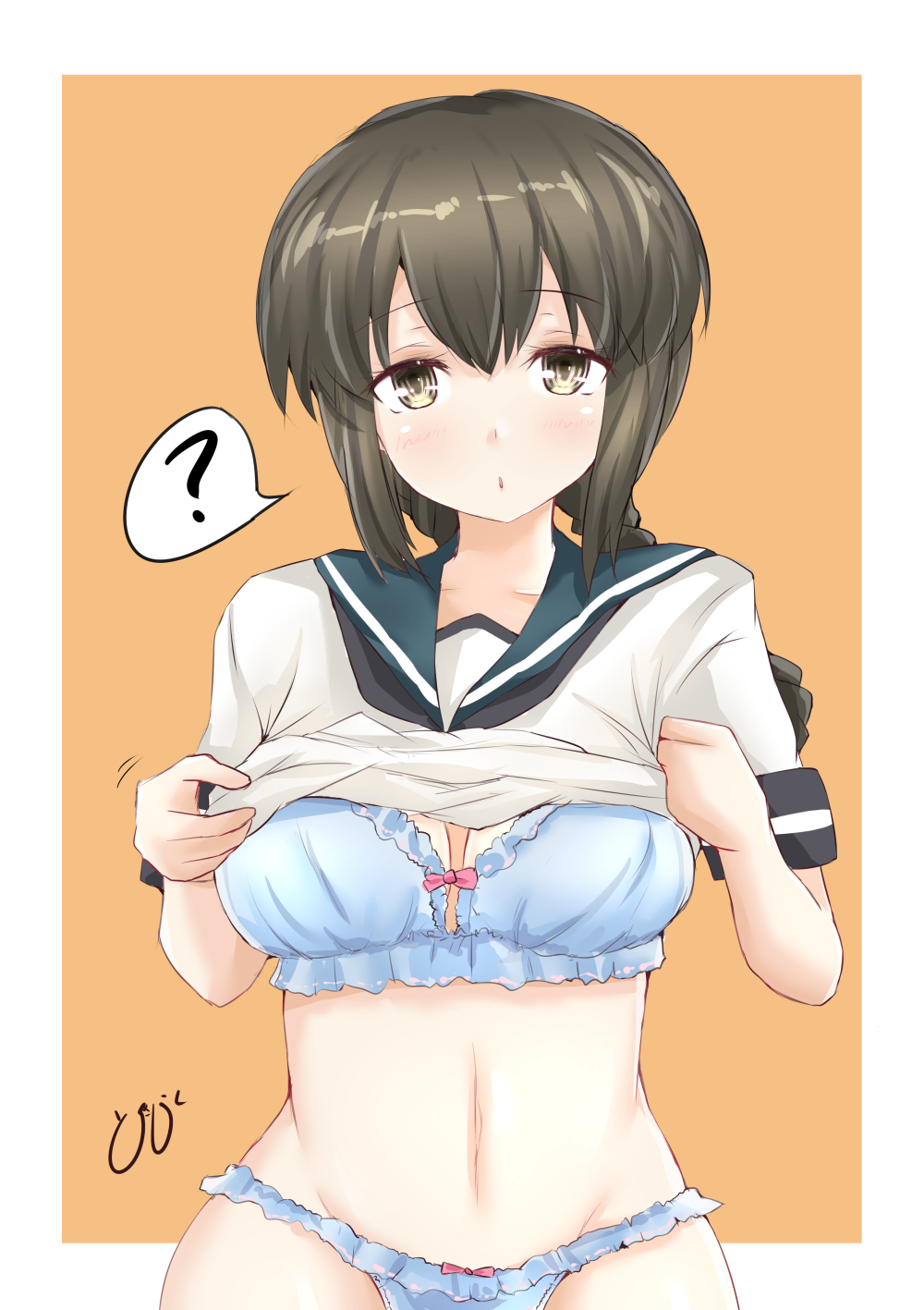 1girl ? black_eyes black_hair blue_bra blue_panties blue_sailor_collar border bra commentary_request frilled_bra frilled_panties frills hair_between_eyes highres isonami_(kantai_collection) kantai_collection lifted_by_self long_hair orange_background panties sailor_collar school_uniform serafuku shirt_lift sidelocks signature solo spoken_question_mark tokiziku twintails underwear white_border