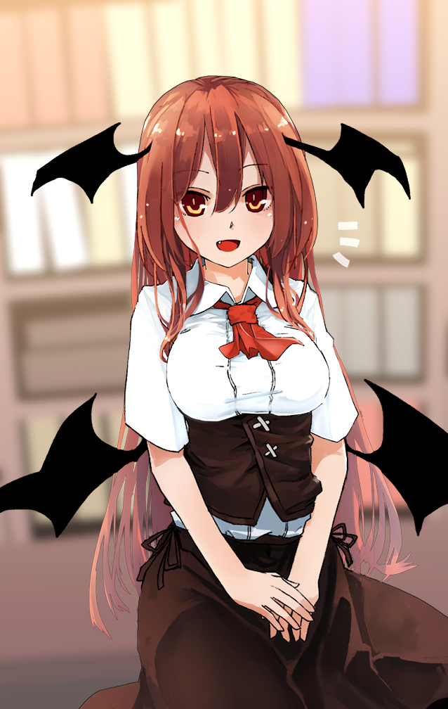 1girl :d ascot bangs black_skirt blurry blurry_background bookshelf breasts brown_eyes commentary corset cowboy_shot demon_wings eyebrows_visible_through_hair fang futatsuki_eru hair_between_eyes head_wings indoors koakuma long_hair looking_at_viewer medium_breasts open_mouth own_hands_together red_neckwear redhead shirt short_sleeves skirt smile solo touhou very_long_hair white_shirt wings