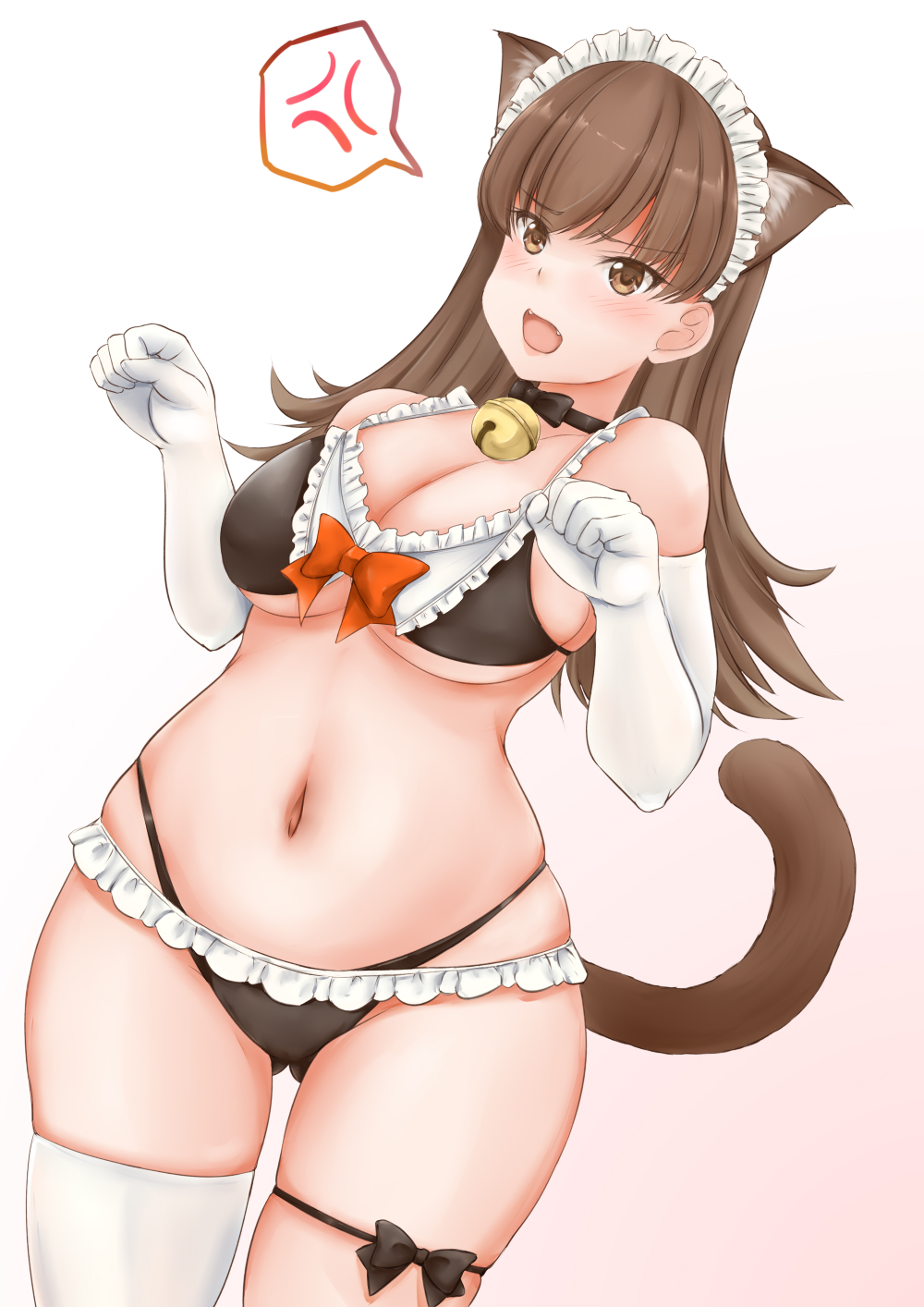 1girl alternate_costume anger_vein animal_ears asymmetrical_legwear bell bell_choker bikini black_bikini breasts brown_eyes brown_hair cat_ears cat_girl cat_tail choker elbow_gloves frilled_bikini frilled_bikini_top frills gloves highres kantai_collection koru_pera long_hair maid_bikini maid_headdress medium_breasts multi-strapped_bikini navel ooi_(kantai_collection) single_thighhigh solo speech_bubble spoken_anger_vein swimsuit tail thigh-highs thigh_strap white_gloves white_legwear