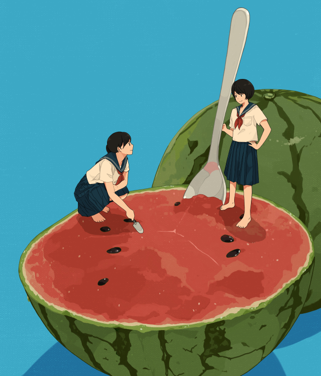 2girls 456 barefoot black_hair blue_background blue_skirt food fruit hand_on_hip holding minigirl multiple_girls neckerchief original pleated_skirt red_neckwear sailor_collar sailor_shirt school_uniform serafuku shirt short_hair short_sleeves skirt spoon squatting trowel watermelon white_shirt