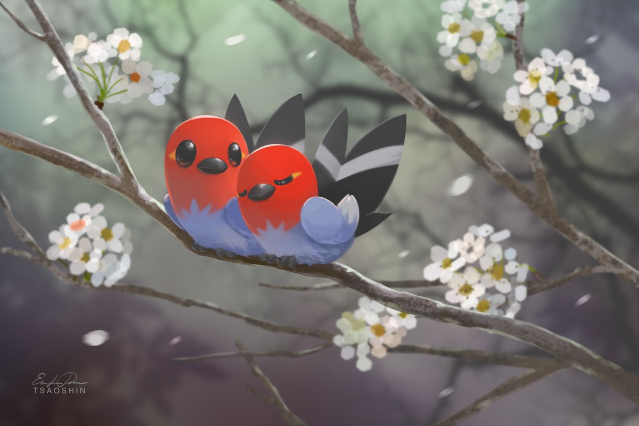 artist_name bird bird_focus black_eyes closed_eyes commentary creature english_commentary eric_proctor fletchling flower full_body gen_6_pokemon jpeg_artifacts looking_at_another no_humans pokemon pokemon_(creature) signature tree_branch white_flower