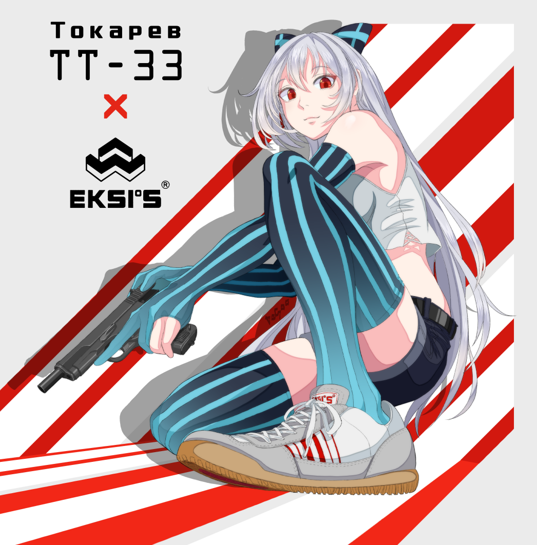 1girl adapted_costume armpit_peek artist_name belt black_bow black_legwear blue_stripes bow commentary crop_top eksi's elbow_gloves from_below girls_frontline gloves grey_background gun hair_bow handgun knee_up light_smile long_hair looking_at_viewer massabou2 partly_fingerless_gloves product_placement racking_slide red_eyes shadow shoelaces shoes shorts silver_hair sneakers solo squatting striped striped_background striped_bow striped_legwear tank_top thigh-highs tokarev_(girls_frontline) tokarev_tt-33 trigger_discipline vertical-striped_gloves vertical-striped_legwear vertical_stripes very_long_hair weapon zettai_ryouiki