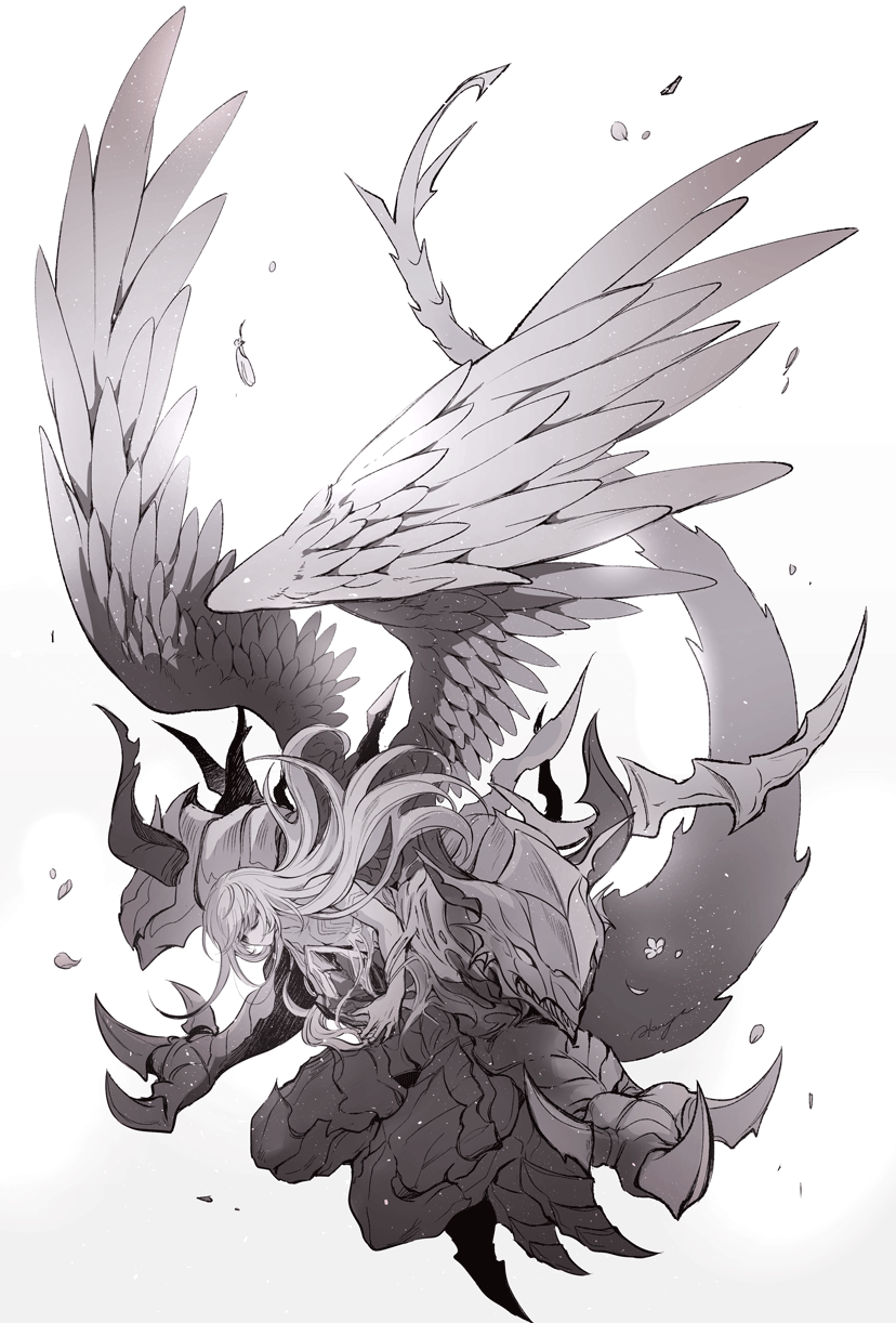 1boy angel_wings claws closed_eyes closed_mouth feathered_wings feathers granblue_fantasy greyscale highres long_hair male_focus monochrome monster open_eyes parted_lips solo tail teeth wings yotsubaya