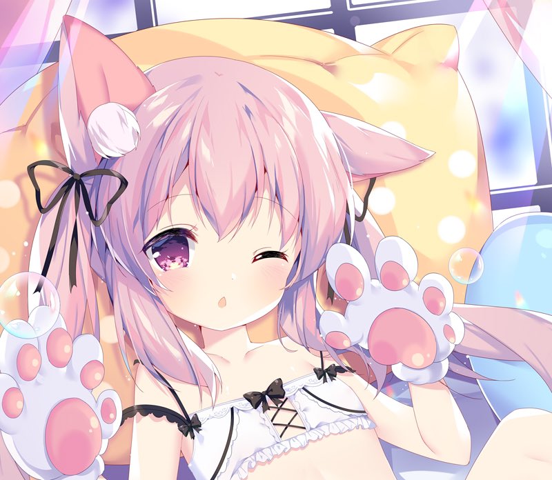 1girl animal_ear_fluff animal_ears arms_up azur_lane bare_shoulders bikini_top cat_day cat_ears flat_chest gloves kisaragi_(azur_lane) long_hair lying on_back one_eye_closed open_mouth paw_gloves paws pillow pink_eyes ribbon solo tsukimi_(xiaohuasan) twintails upper_body white_bikini_top white_gloves window