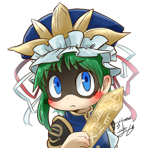 1girl asymmetrical_hair avatar_icon blue_eyes blush_stickers bow chamaji commentary_request epaulettes eyebrows_visible_through_hair green_hair hat hat_ribbon holding long_sleeves looking_at_viewer lowres ribbon ribbon_trim rod_of_remorse shaded_face shiki_eiki short_hair signature solo touhou upper_body vest