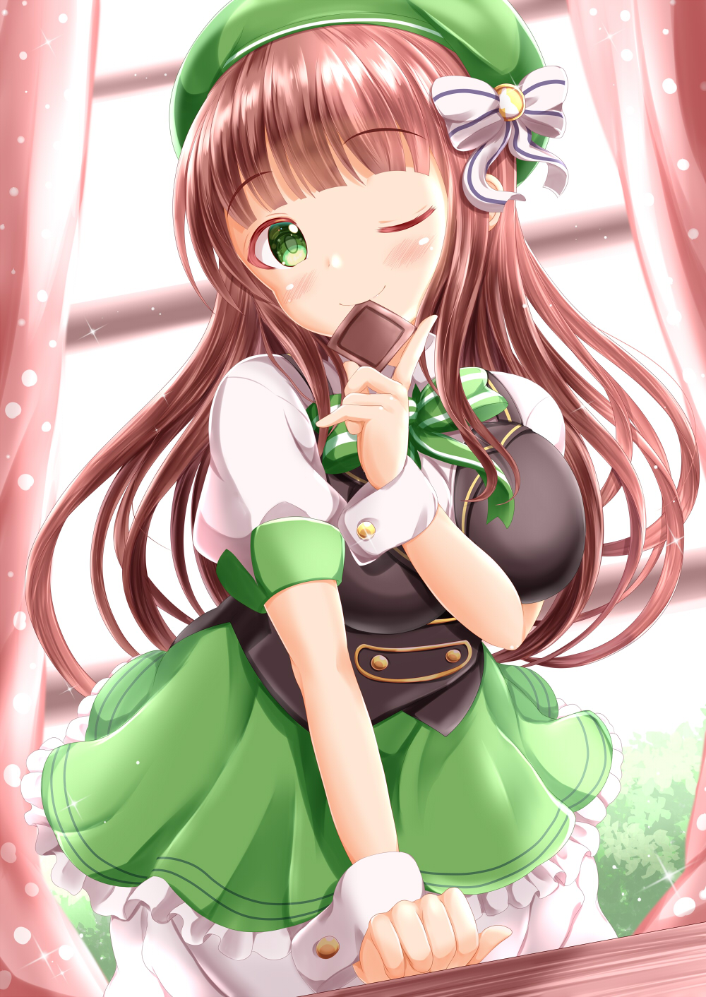 1girl ;) backlighting bangs beret black_vest bloomers blunt_bangs blush bow breasts brown_hair chocolate closed_mouth commentary_request curtains day eyebrows_visible_through_hair food food_in_mouth frilled_skirt frills gochuumon_wa_usagi_desu_ka? green_bow green_eyes green_headwear green_skirt hand_up hat hat_bow highres holding holding_food large_breasts long_hair mouth_hold one_eye_closed puffy_short_sleeves puffy_sleeves shirt short_sleeves skirt smile solo striped striped_bow sunlight ujimatsu_chiya underwear very_long_hair vest white_bloomers white_bow white_shirt window wrist_cuffs zenon_(for_achieve)