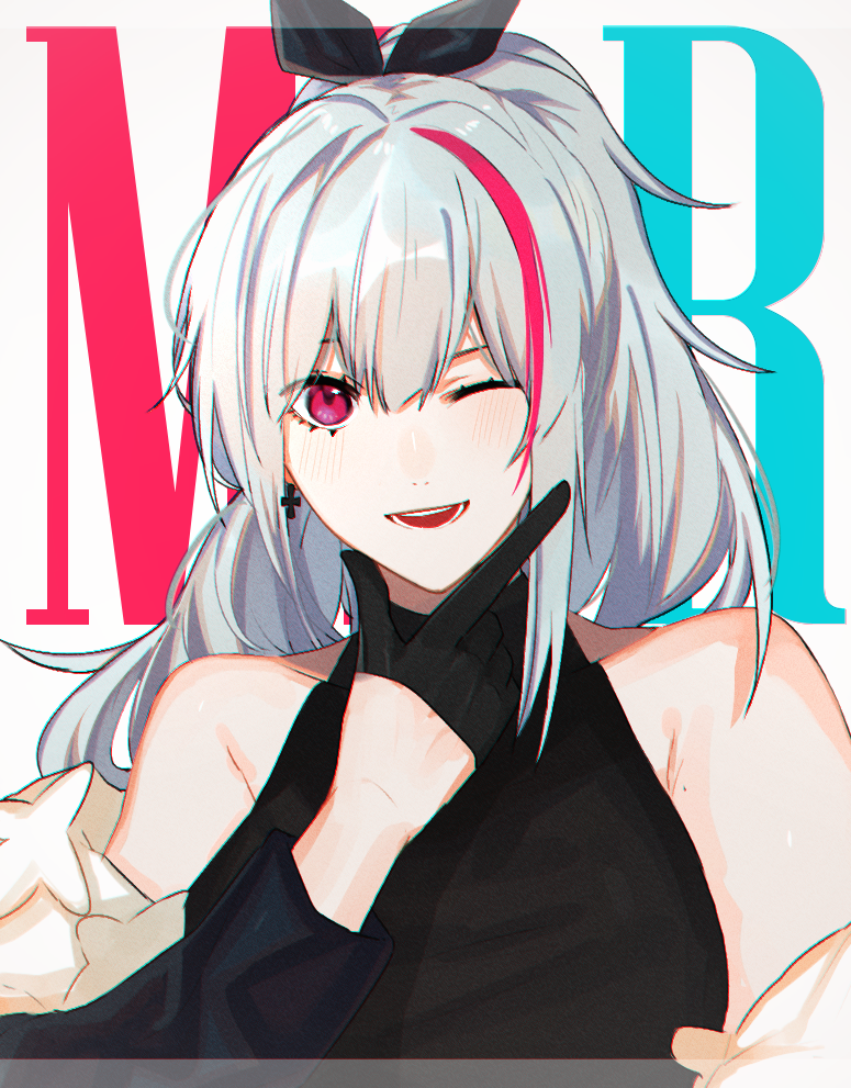 1girl 3o_c black_gloves blush bow chromatic_aberration cross cross_earrings dress earrings girls_frontline gloves hair_bow jewelry long_hair looking_at_viewer mdr_(girls_frontline) mole one_eye_closed open_mouth pink_eyes silver_hair smile solo