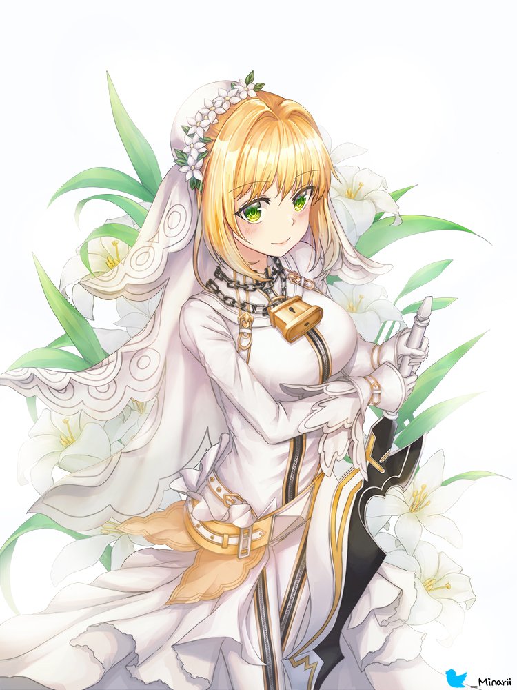 1girl blonde_hair blush breasts bridal_veil chain closed_mouth eyebrows_visible_through_hair fate/grand_order fate_(series) flower gloves green_eyes holding holding_sword holding_weapon large_breasts lock looking_at_viewer minari_i nero_claudius_(bride)_(fate) nero_claudius_(fate)_(all) short_hair smile solo sword twitter_username veil weapon white_gloves zipper
