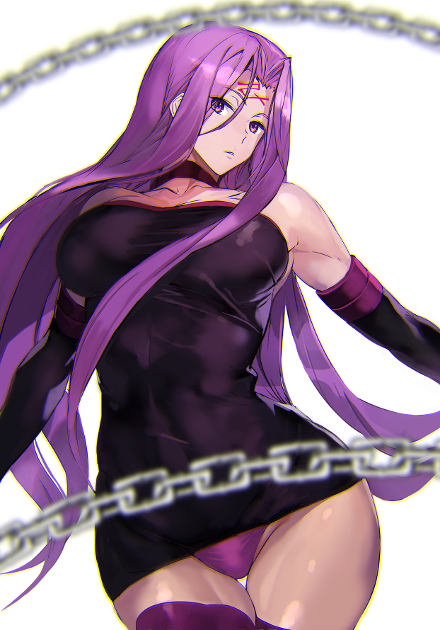1girl ashiomi_masato bangs bare_shoulders black_dress boots breasts chain choker collar commentary_request dress elbow_gloves facial_mark fate/grand_order fate/stay_night fate_(series) forehead_mark gloves large_breasts long_hair looking_at_viewer panties parted_bangs purple_hair purple_panties rider sidelocks skin_tight sleeveless thigh-highs thigh_boots thighs underwear upskirt very_long_hair violet_eyes