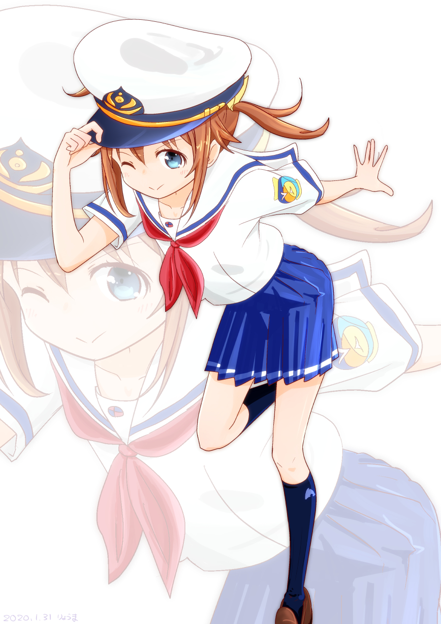 1girl black_legwear blue_eyes blue_skirt brown_footwear brown_hair feet_out_of_frame hat high_school_fleet highres kneehighs leaning_forward loafers looking_at_viewer misaki_akeno neckerchief open_mouth peaked_cap pleated_skirt ribbon ryuuma_(norinori_taruto) sailor_collar school_uniform serafuku shoes short_hair short_sleeves skirt solo twintails white_sailor_collar yellow_ribbon yokosuka_girls_marine_high_school_uniform zoom_layer