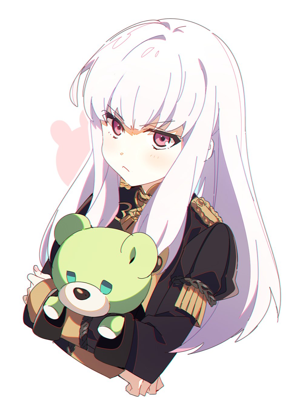 1girl ap_bar closed_mouth fire_emblem fire_emblem:_three_houses garreg_mach_monastery_uniform highres holding long_hair long_sleeves lysithea_von_ordelia pink_eyes simple_background solo stuffed_animal stuffed_toy teddy_bear uniform upper_body white_background white_hair