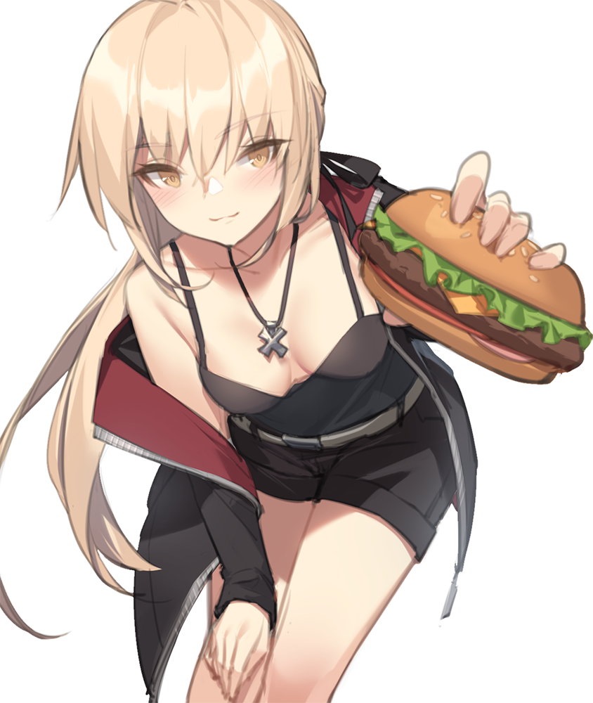 1girl artoria_pendragon_(all) bare_shoulders belt black_jacket black_shirt black_shorts blonde_hair breasts brown_eyes camisole commentary_request fate/grand_order fate_(series) food hamburger hand_on_own_thigh holding holding_food jacket jet_black_king_of_knights_ver._shinjuku_1999 jewelry leaning_forward long_hair looking_at_viewer medium_breasts necklace off_shoulder open_clothes open_jacket outstretched_arm saber_alter shirt short_shorts shorts sleeveless sleeveless_shirt smile solo standing thighs yura_(botyurara)