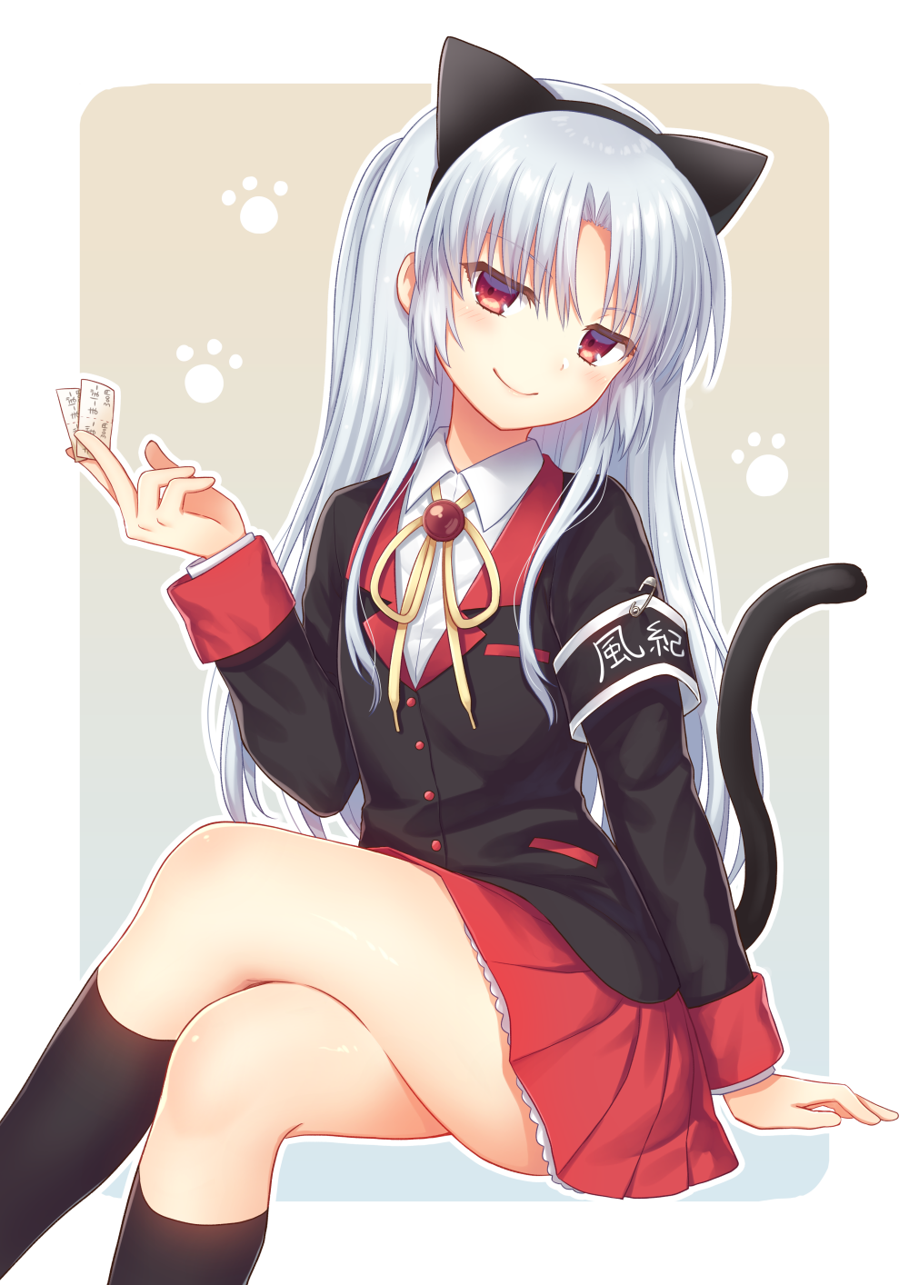 1girl angel_beats! animal_ears arm_support armband bangs between_fingers black_hairband black_jacket black_legwear blazer blush cat_ears cat_tail closed_mouth collared_shirt commentary_request crossed_legs dress_shirt eyebrows_visible_through_hair fake_animal_ears hairband hand_up highres holding jacket kneehighs long_hair looking_at_viewer nakamura_hinato neck_ribbon outline parted_bangs pleated_skirt red_eyes red_skirt ribbon safety_pin shirt silver_hair sitting skirt smile solo tail tachibana_kanade very_long_hair white_outline white_shirt yellow_ribbon