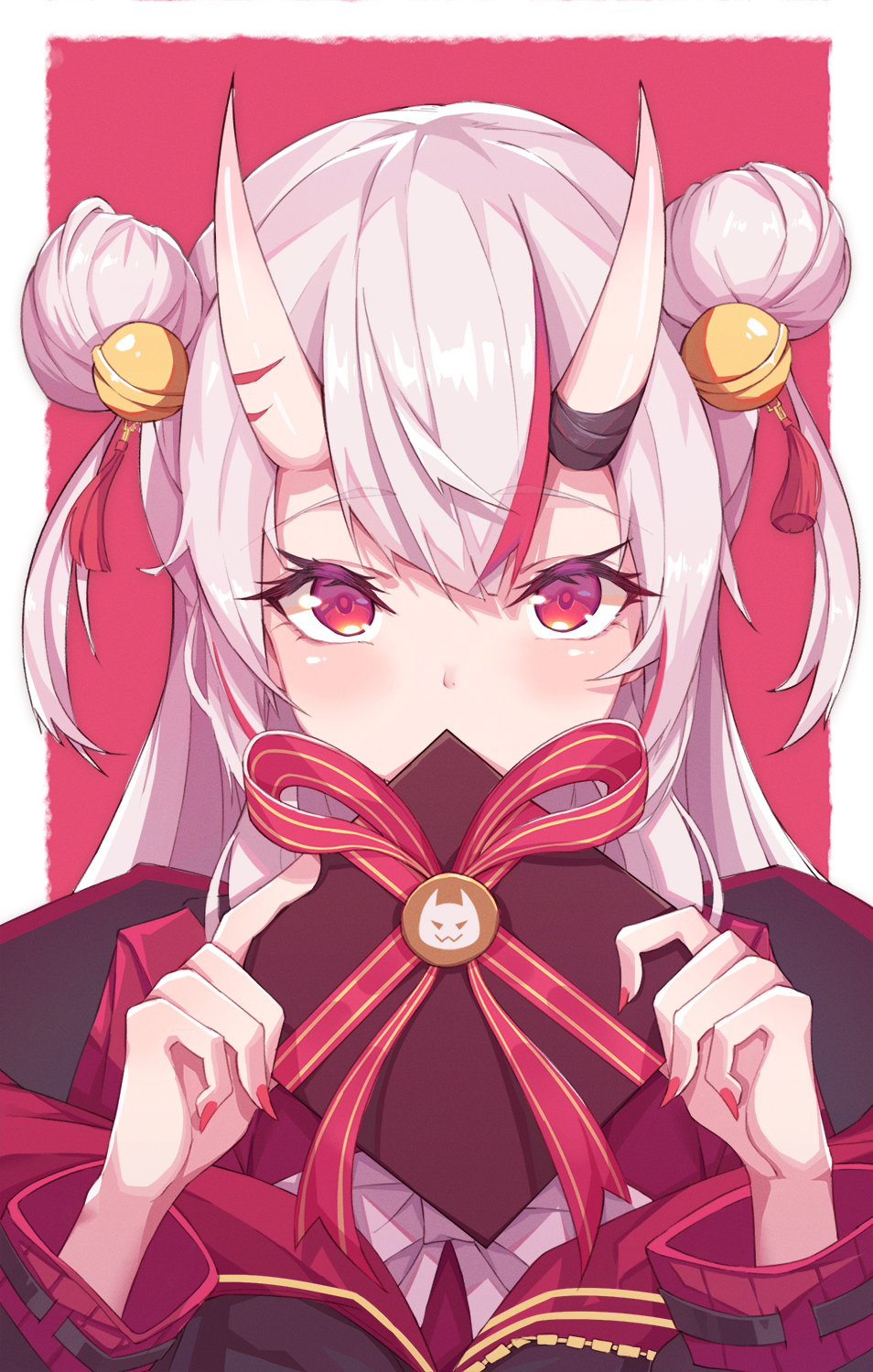 covering_mouth double_bun gift hair_between_eyes highres hitokuchii hololive jacket long_hair looking_at_viewer nakiri_ayame oni_horns portrait red_eyes silver_hair simple_background valentine virtual_youtuber