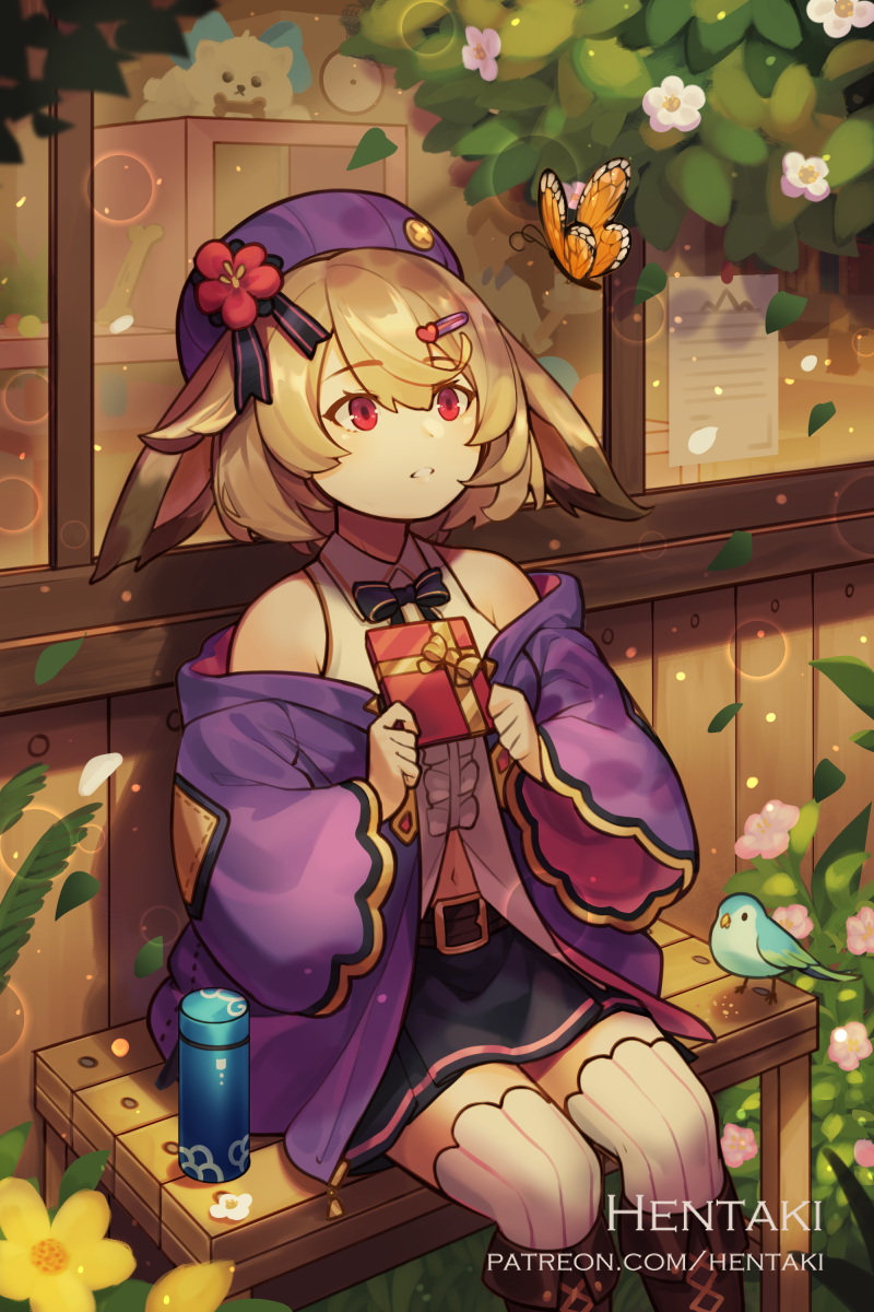 1girl althemia animal animal_ears artist_name bangs bare_shoulders bench beret bird black_bow black_skirt boots bow box brown_footwear brown_hair bug butterfly center_frills collared_shirt commentary cross-laced_footwear day dragalia_lost english_commentary eyebrows_visible_through_hair feet_out_of_frame flower frills gift gift_box hair_between_eyes hat hentaki highres holding holding_gift insect jacket lace-up_boots looking_away navel off_shoulder on_bench open_clothes open_jacket outdoors parted_lips pink_flower purple_headwear purple_jacket red_eyes red_flower shirt sitting sitting_on_bench skirt sleeveless sleeveless_shirt solo striped striped_legwear thigh-highs valentine vertical-striped_legwear vertical_stripes watermark web_address white_flower white_legwear white_shirt wide_sleeves window yellow_flower